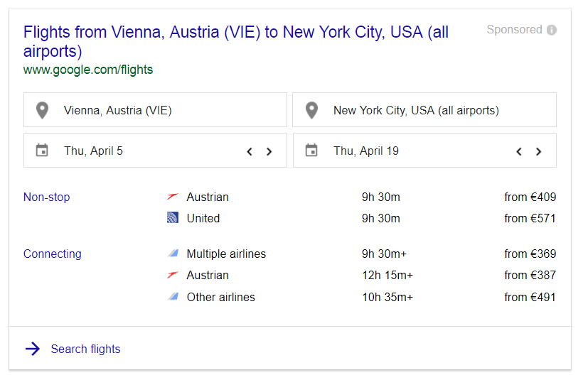 Flight SERP feature - example
