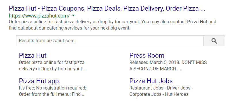 Search box feature in Google SERP for the website - example