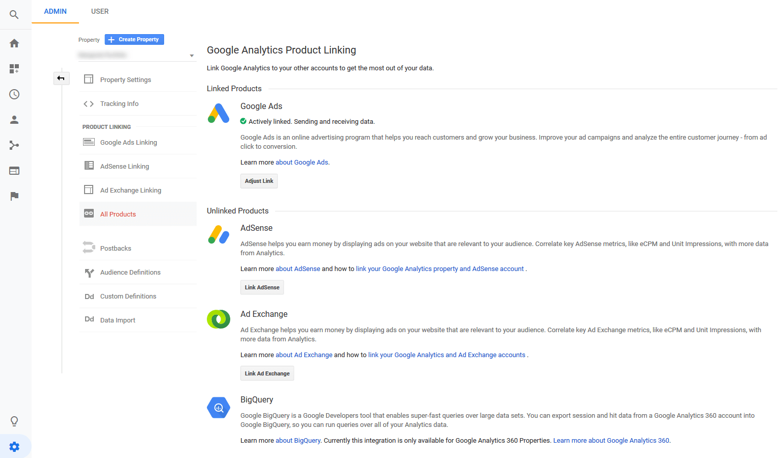 Screenshot of Google Analytics Product Linking