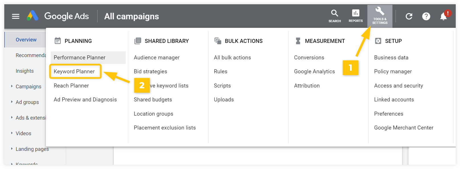 google keyword planner navigation
