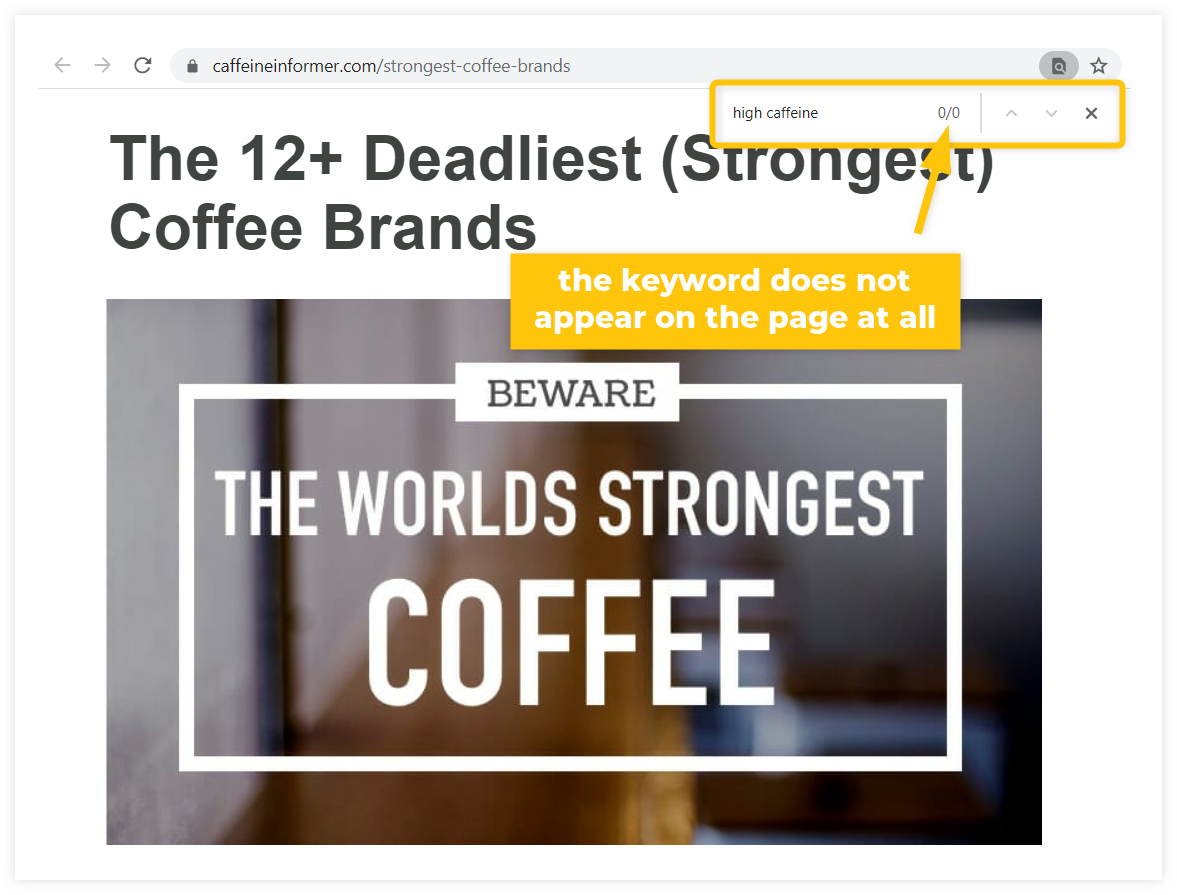 Example of the missing keyword "high caffeine" within the text of the page