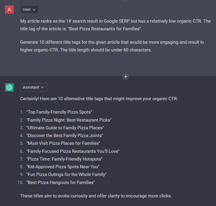 generating new title tags with ChatGPT - example