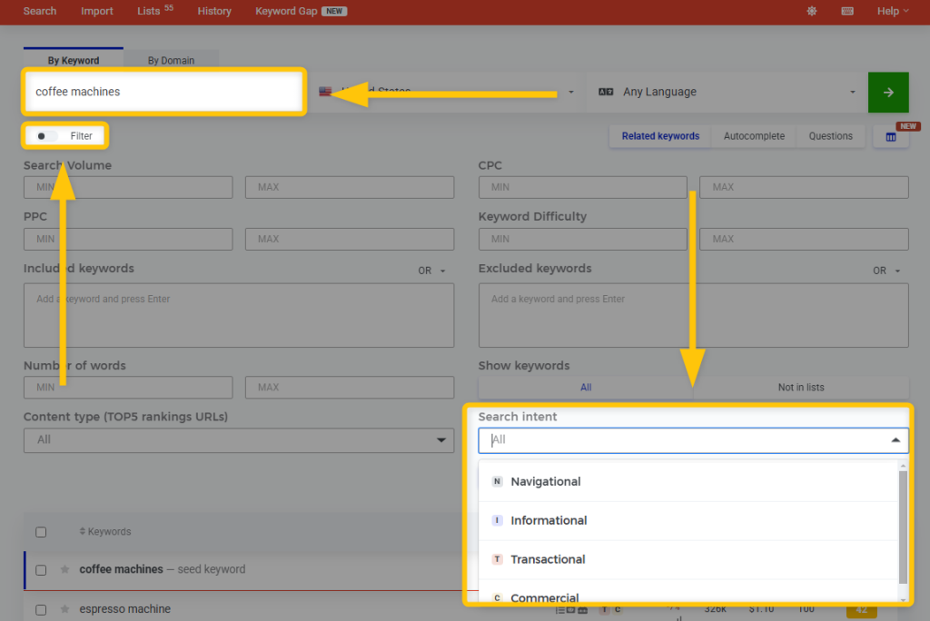 filtering search intent type in KWFinder - example