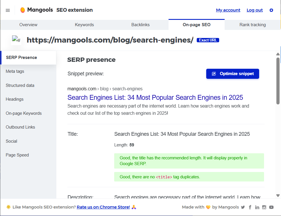 on-page SEO in Mangools SEO browser extension - example